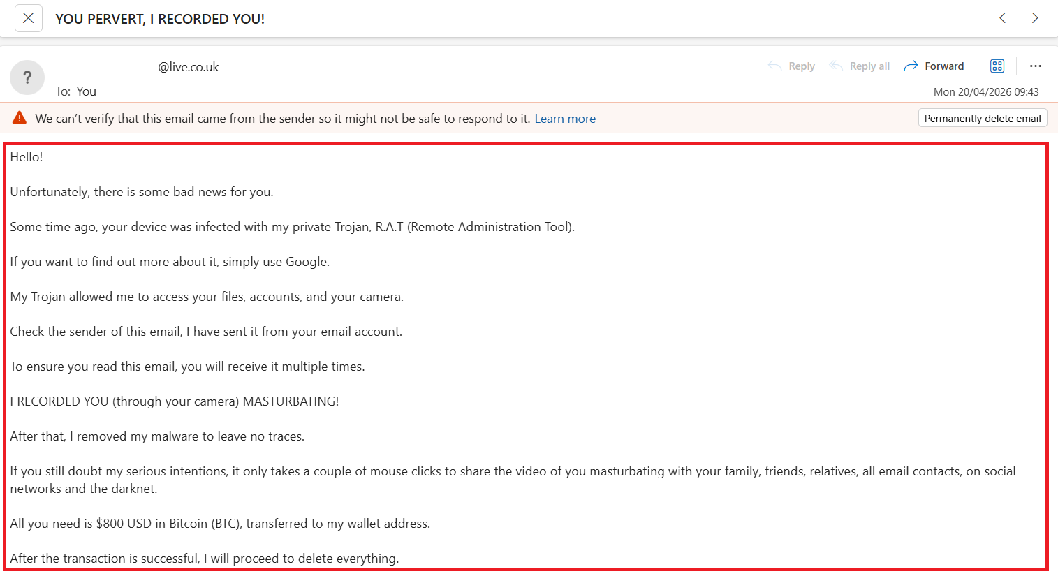 Screenshot of a sextortion scam email in Outlook claiming the recipient was recorded through their webcam and demanding $800 in Bitcoin.