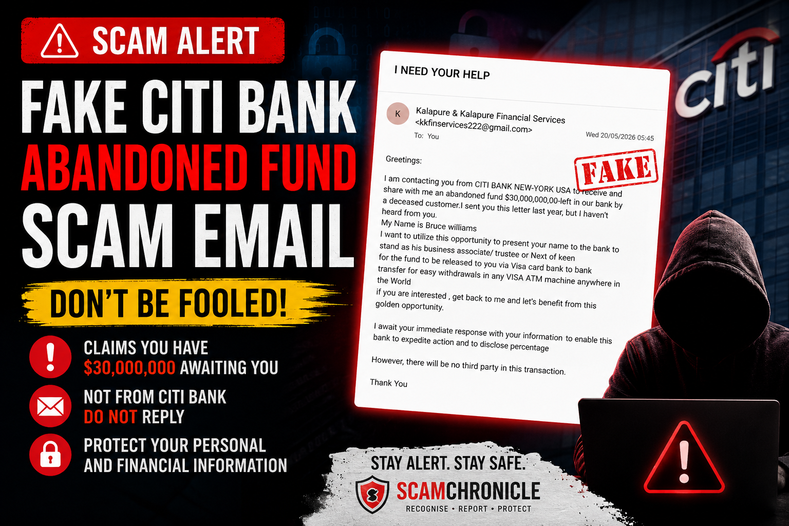 Fake Citi Bank abandoned fund scam email from Kalapure & Kalapure Financial Services claiming $30 million inheritance payout